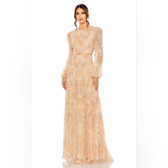Mac Duggal Beige Embellished Long Sleeve Dress - Picture 1 of 2
